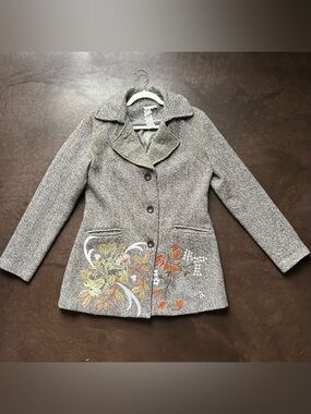 Mismash- floral embroidered and lace trim wool blend coat- size large